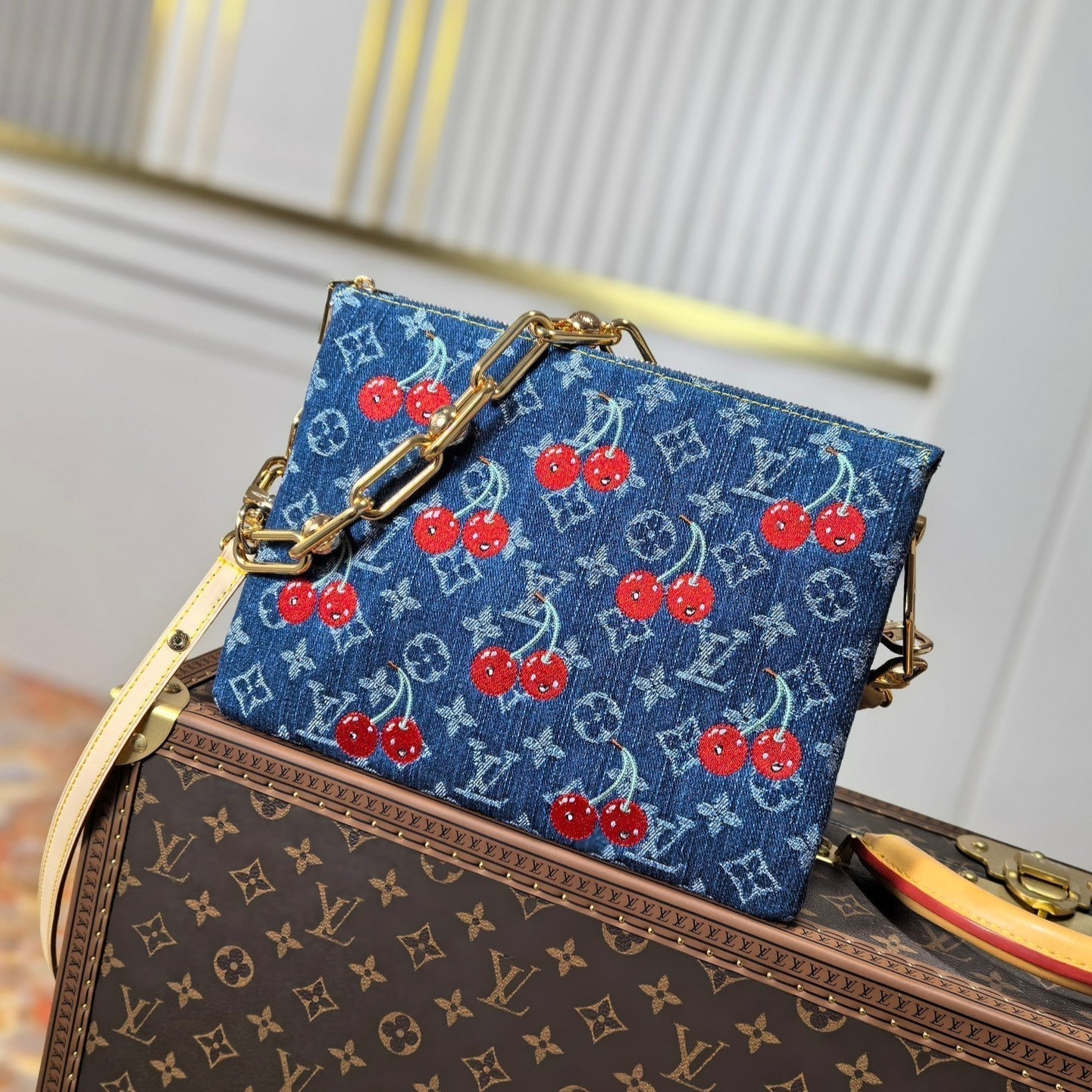 LOUIS VUITTON LV 25S COUSSIN BAG 26 IN DARK BLUE DENIM MONOGRAM CHERRY GOLD HARDWARE