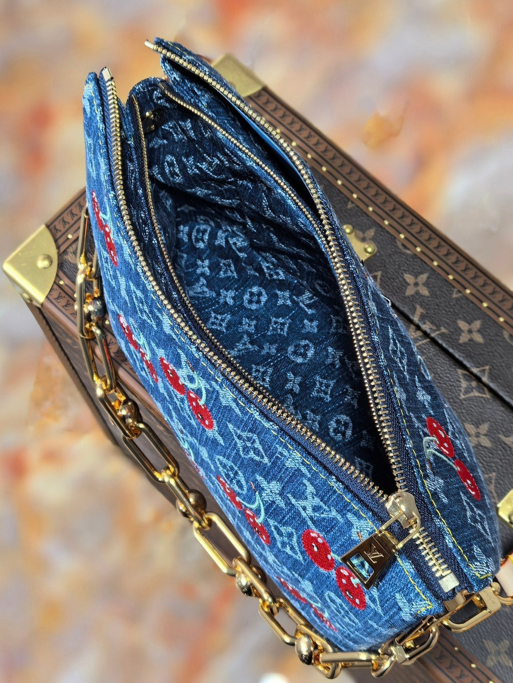 LOUIS VUITTON LV 25S COUSSIN BAG 26 IN DARK BLUE DENIM MONOGRAM CHERRY GOLD HARDWARE