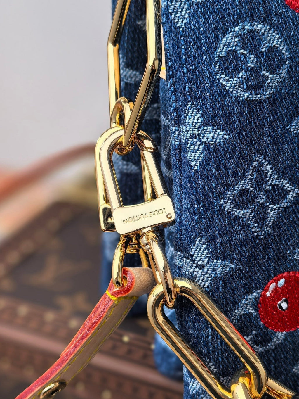 LOUIS VUITTON LV 25S COUSSIN BAG 26 IN DARK BLUE DENIM MONOGRAM CHERRY GOLD HARDWARE