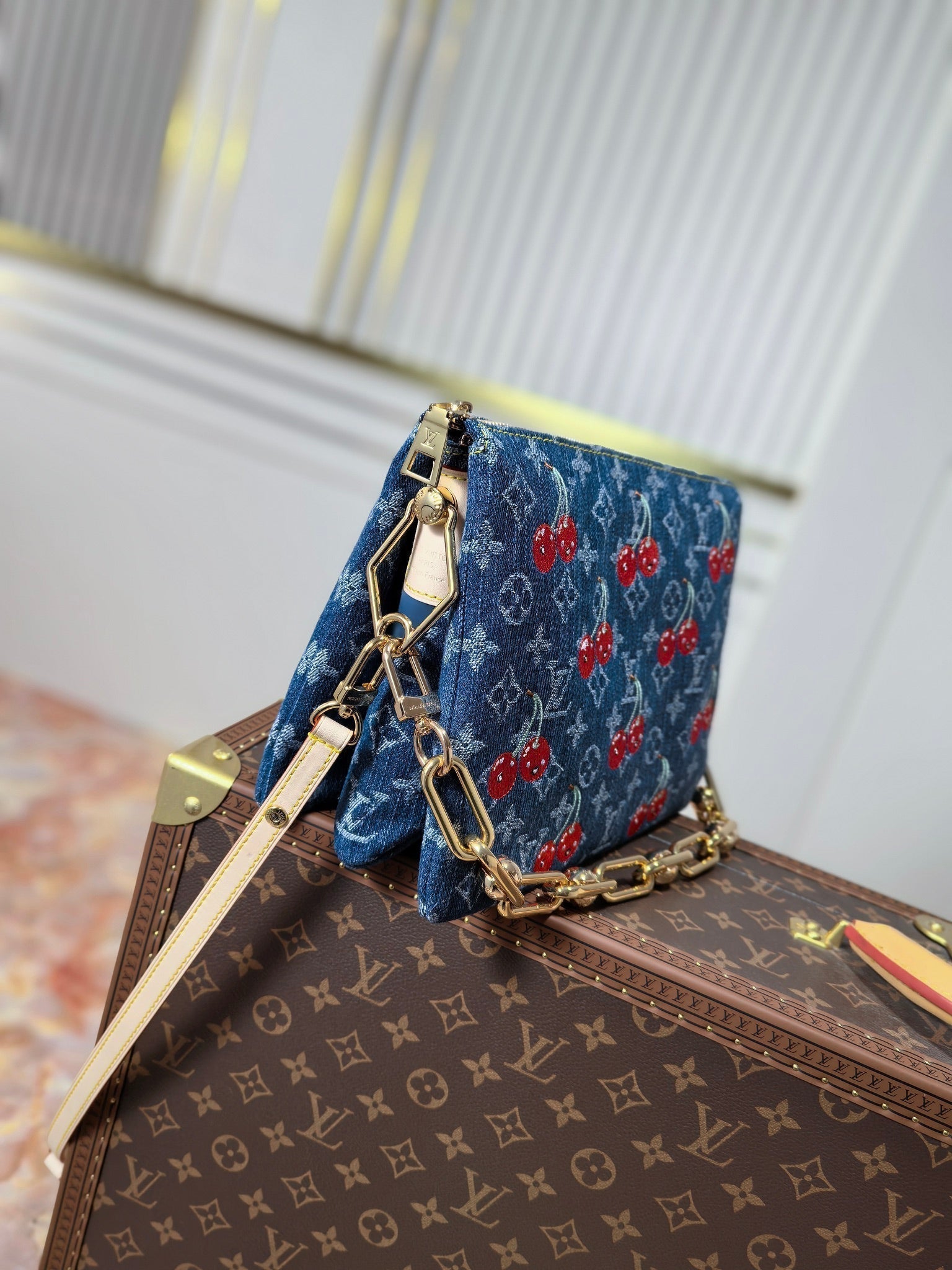 LOUIS VUITTON LV 25S COUSSIN BAG 26 IN DARK BLUE DENIM MONOGRAM CHERRY GOLD HARDWARE