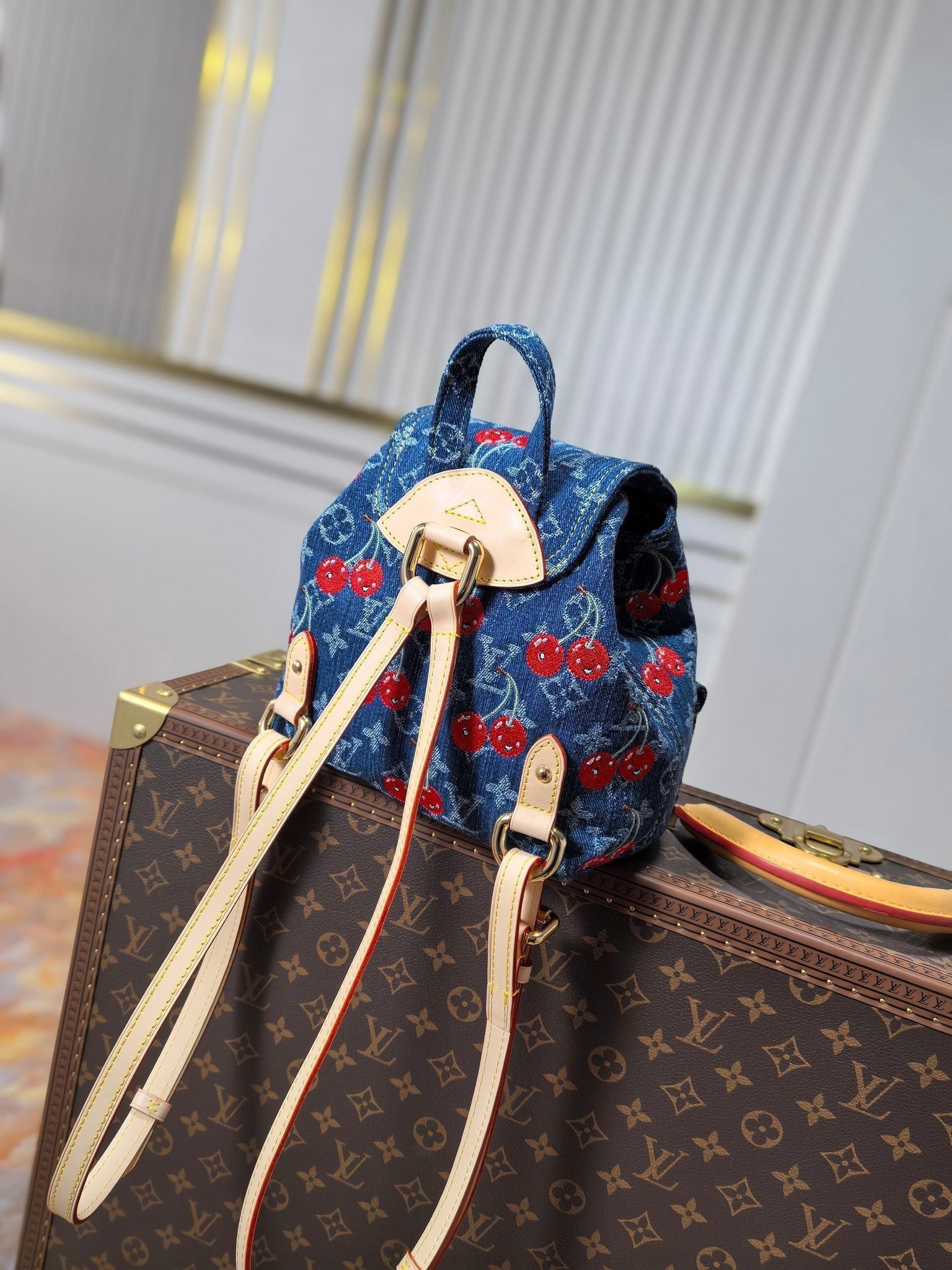 LOUIS VUITTON LV 25S VENICE BACKPACK 26 IN BLUE DENIM MONOGRAM CHERRY GOLD HARDWARE