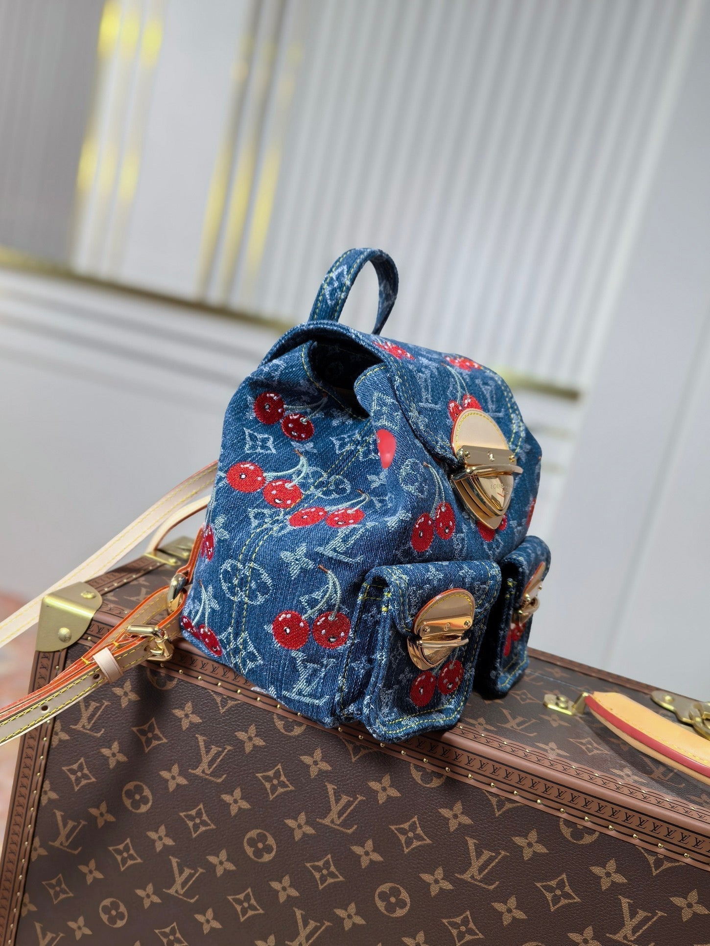 LOUIS VUITTON LV 25S VENICE BACKPACK 26 IN BLUE DENIM MONOGRAM CHERRY GOLD HARDWARE