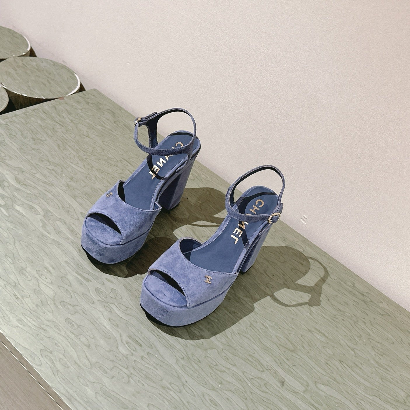 CHANEL HIGH SANDAL SAPHIRE BLUE SUEDE CALFSKIN
