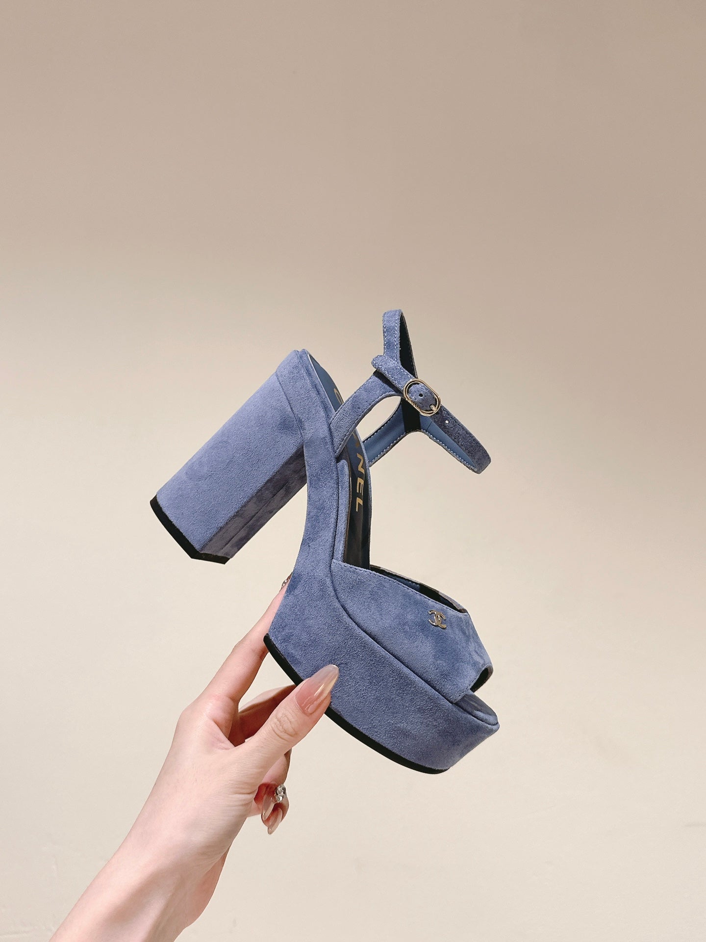 CHANEL HIGH SANDAL SAPHIRE BLUE SUEDE CALFSKIN