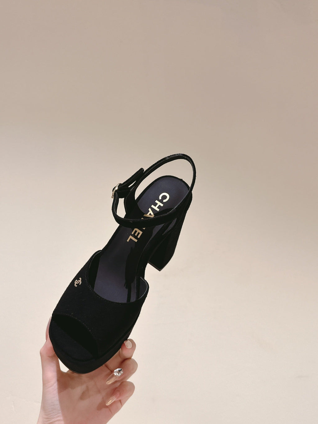 CHANEL HIGH SANDAL BLACK SUEDE CALFSKIN