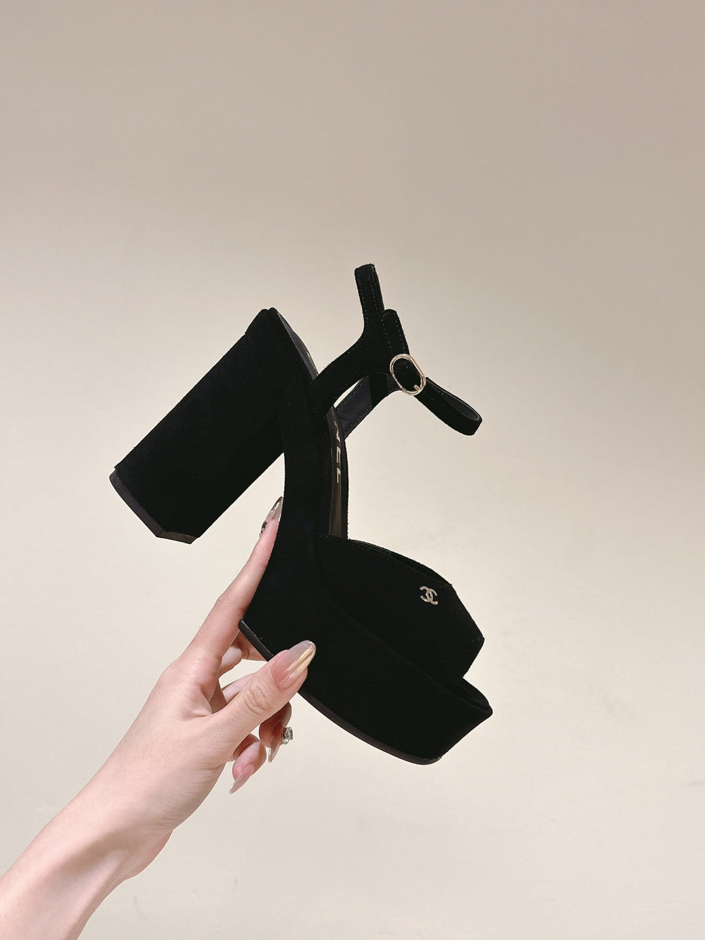 CHANEL HIGH SANDAL BLACK SUEDE CALFSKIN