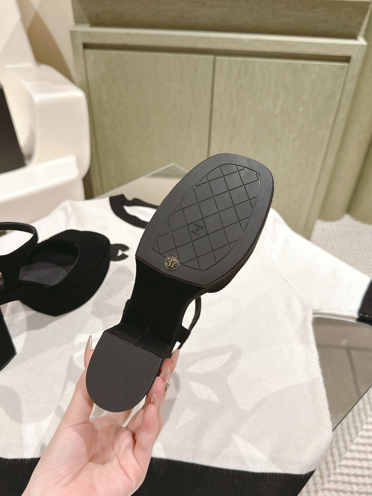 CHANEL HIGH SANDAL BLACK SUEDE CALFSKIN