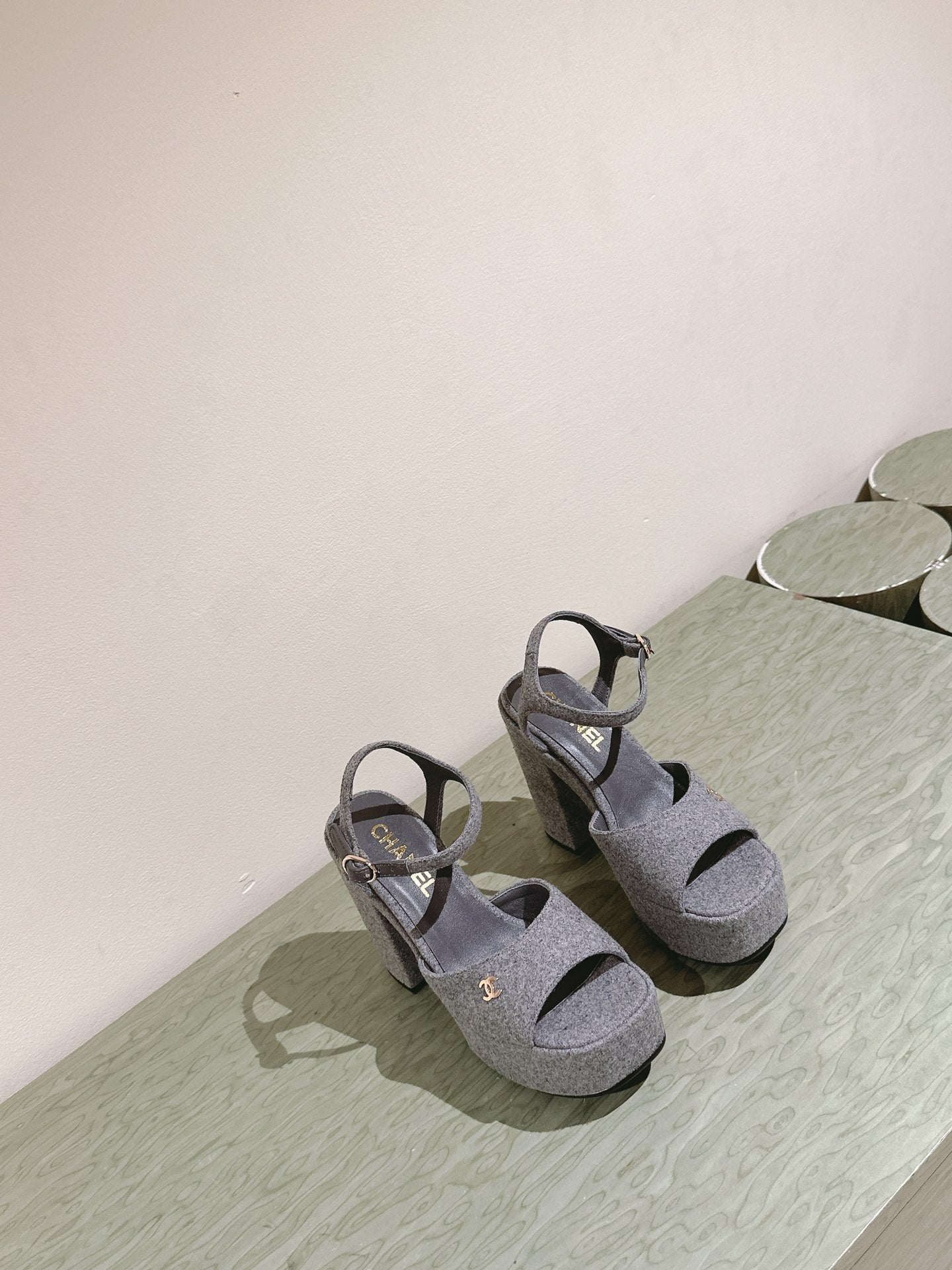 CHANEL HIGH SANDAL GREY SUEDE CALFSKIN