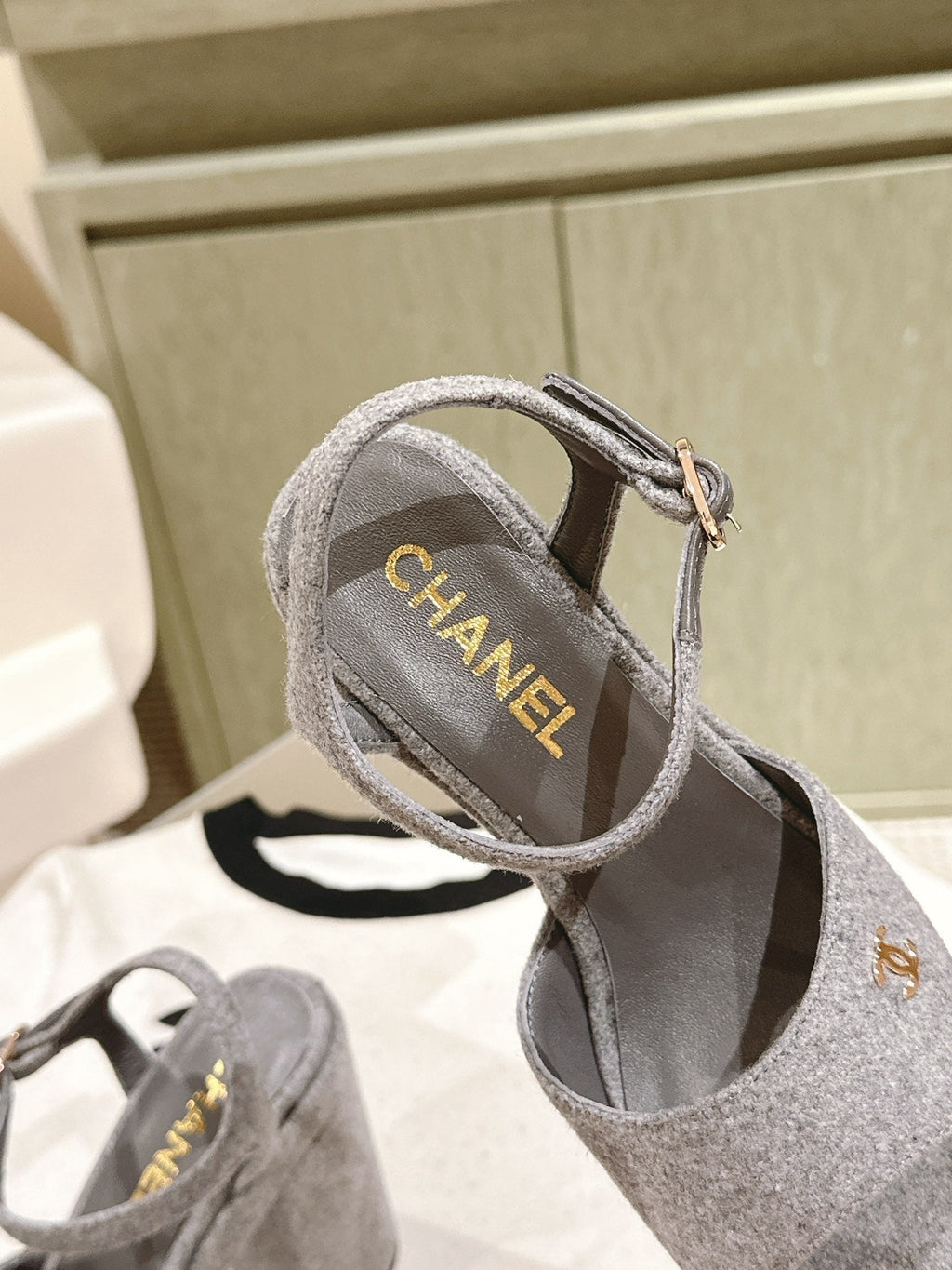 CHANEL HIGH SANDAL GREY SUEDE CALFSKIN