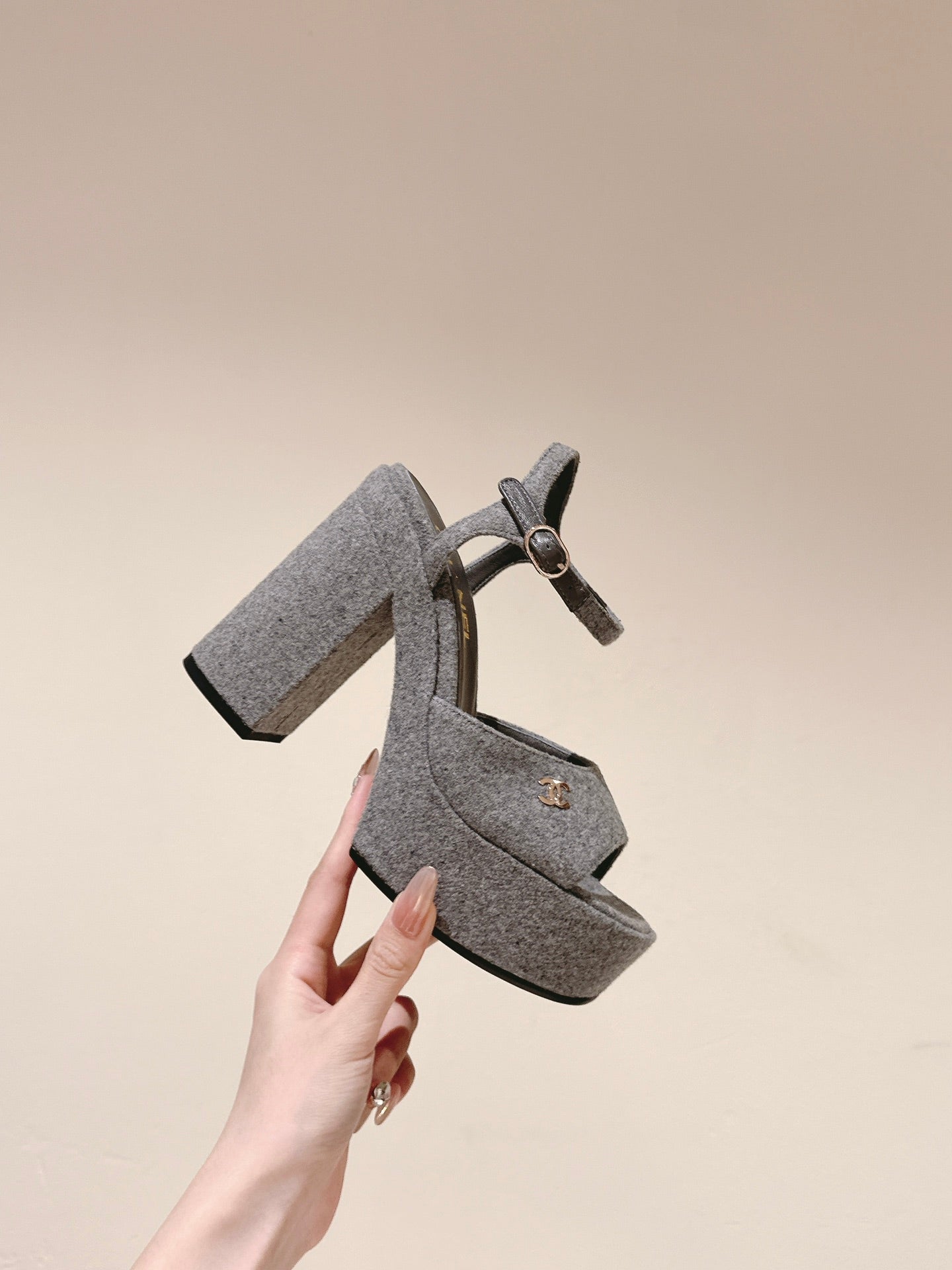 CHANEL HIGH SANDAL GREY SUEDE CALFSKIN