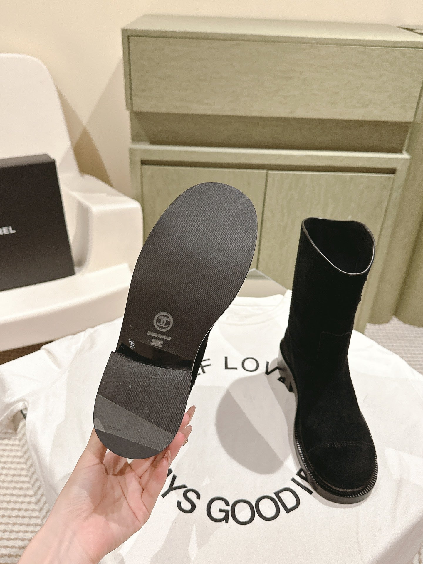 CHANEL SHORT BOOTS BLACK SUEDE CALFSKIN