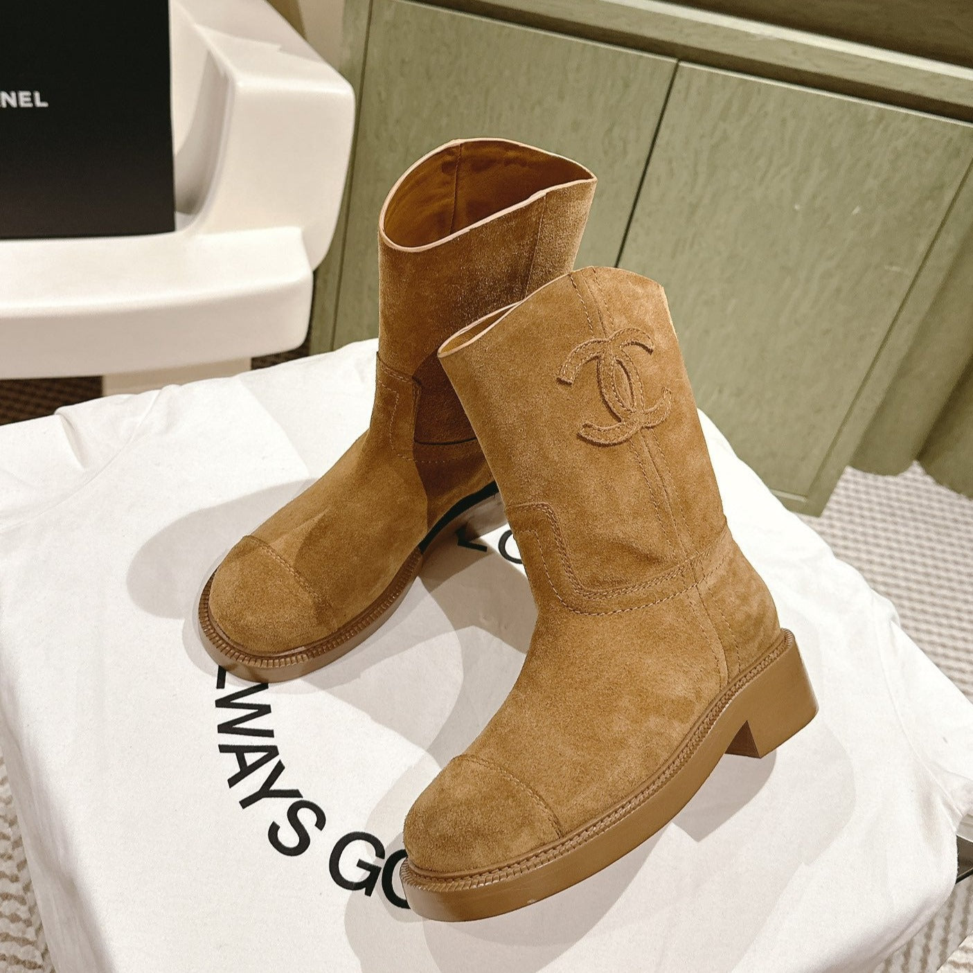 CHANEL SHORT BOOTS PEANUT BROWN SUEDE CALFSKIN