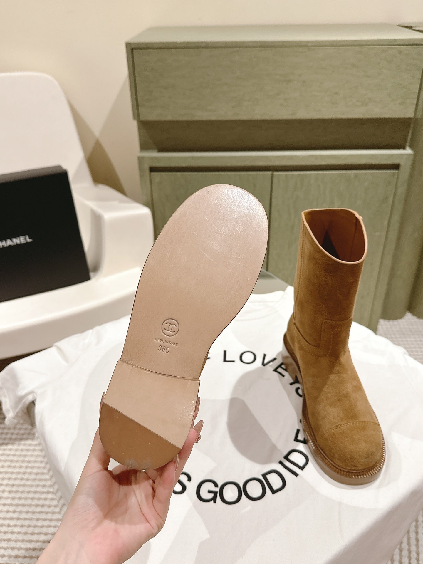 CHANEL SHORT BOOTS PEANUT BROWN SUEDE CALFSKIN