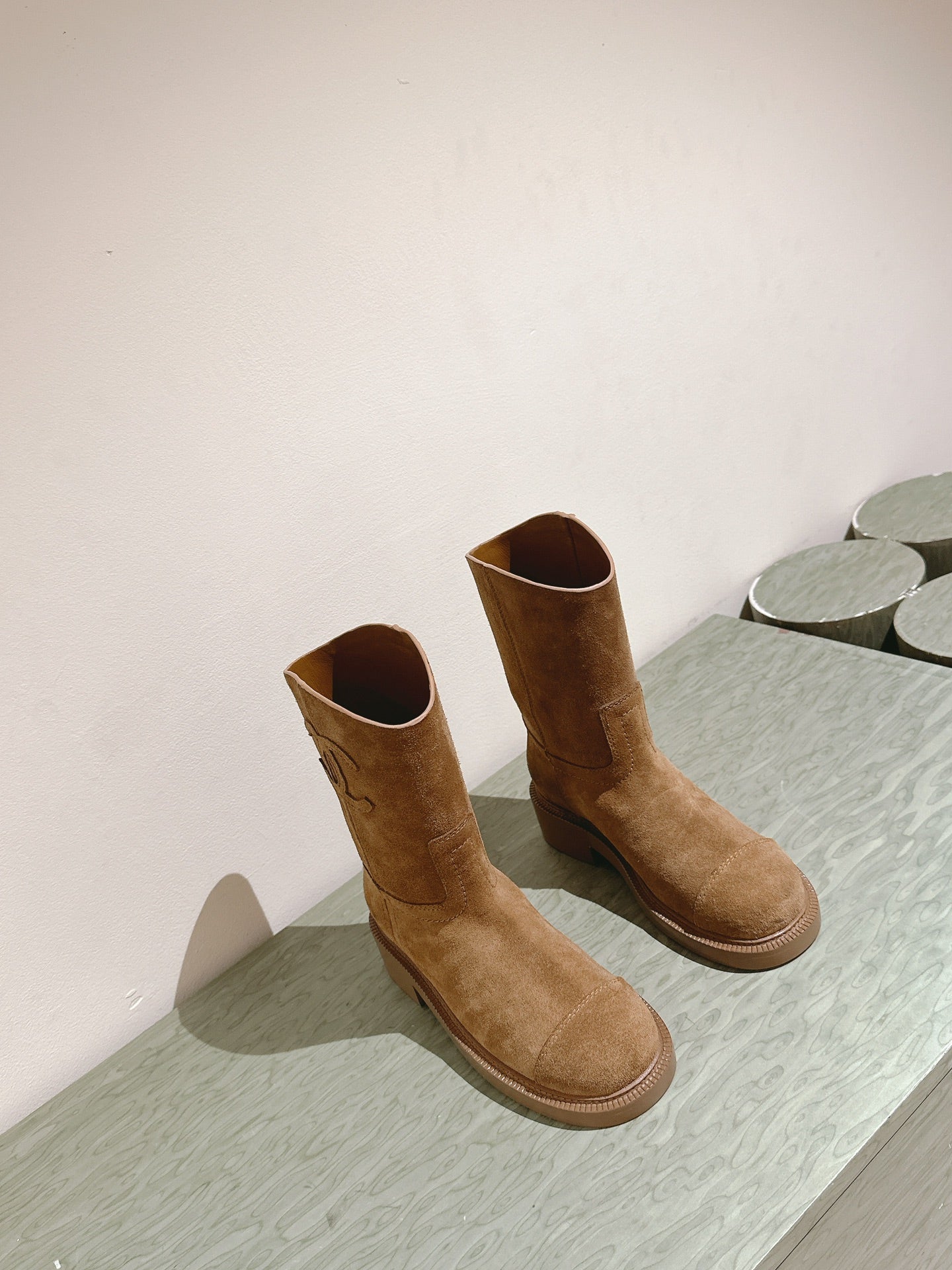 CHANEL SHORT BOOTS PEANUT BROWN SUEDE CALFSKIN