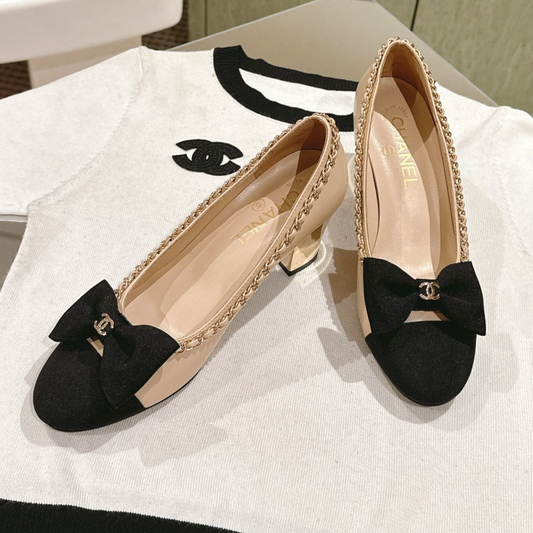CHANEL HIGH HEELS BEIGE CREAM CALFSKIN AND FABRIC