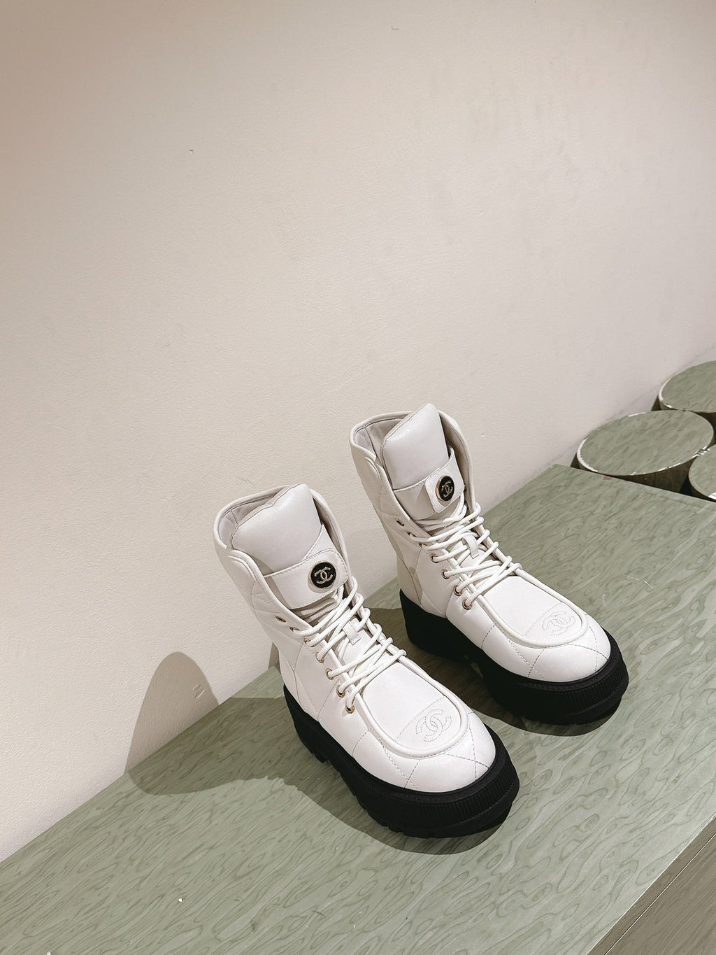CHANEL MARTIN BOOTS IN WHITE EMBROIDERED CALFSKIN