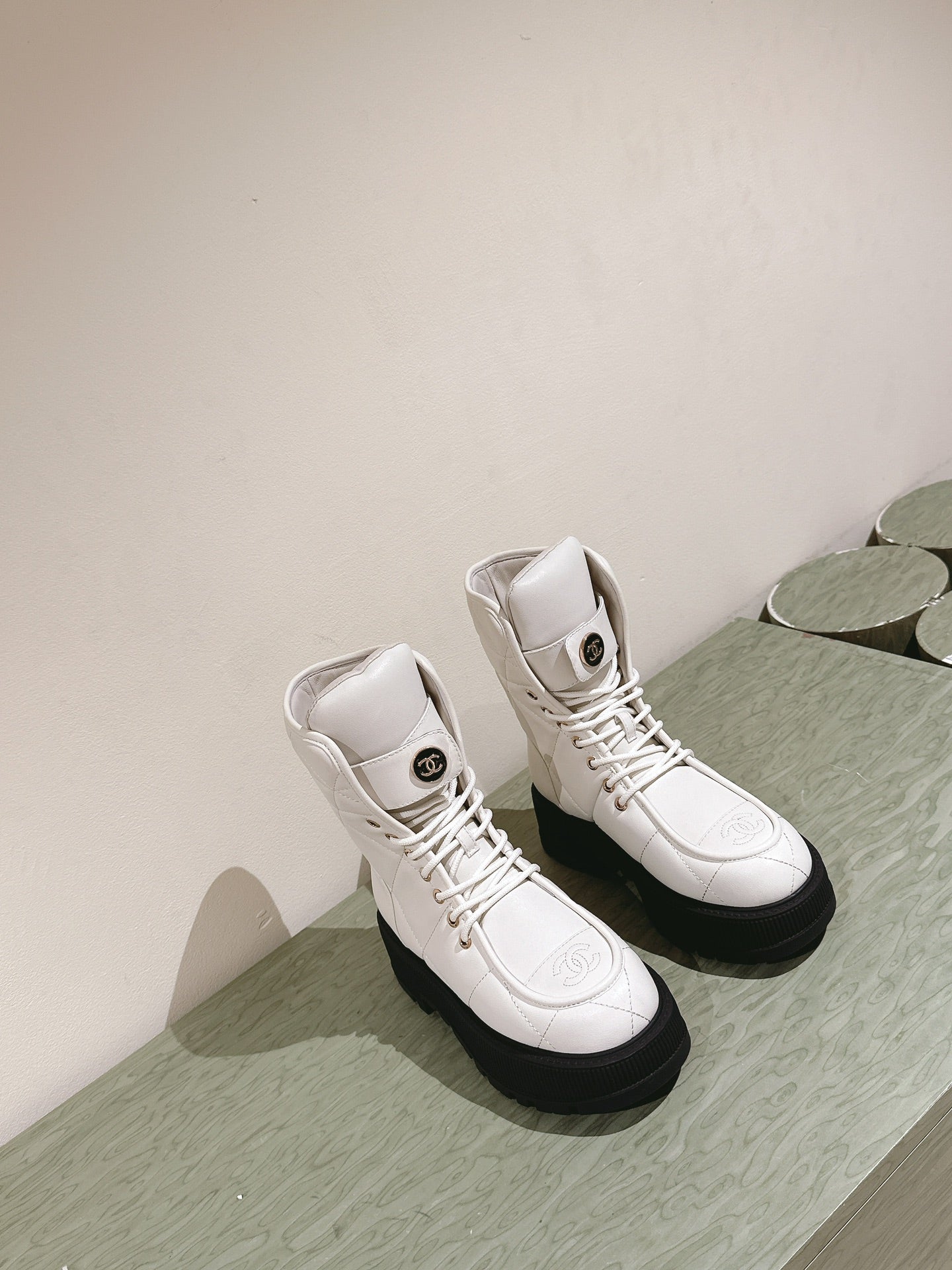 CHANEL MARTIN BOOTS IN WHITE EMBROIDERED CALFSKIN