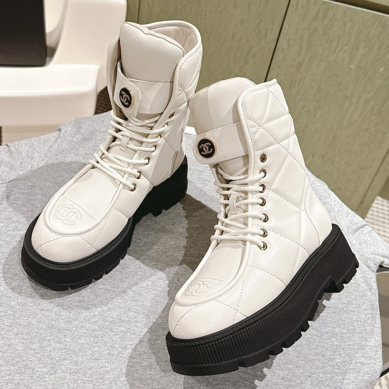 CHANEL MARTIN BOOTS IN WHITE EMBROIDERED CALFSKIN