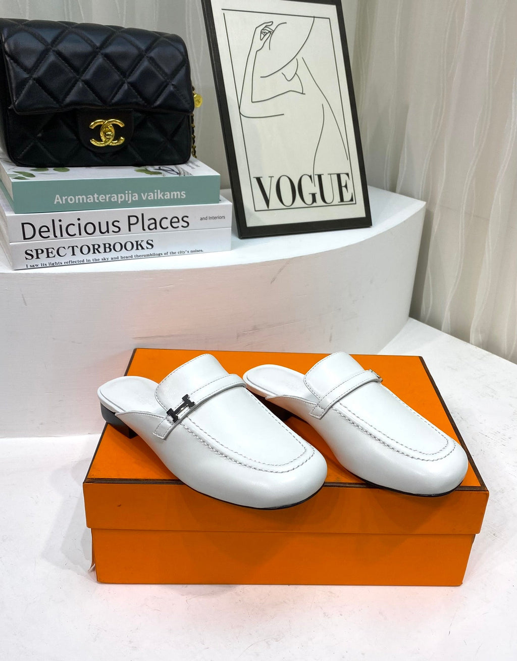 HERMES IENA MULE WHITE CALFSKIN