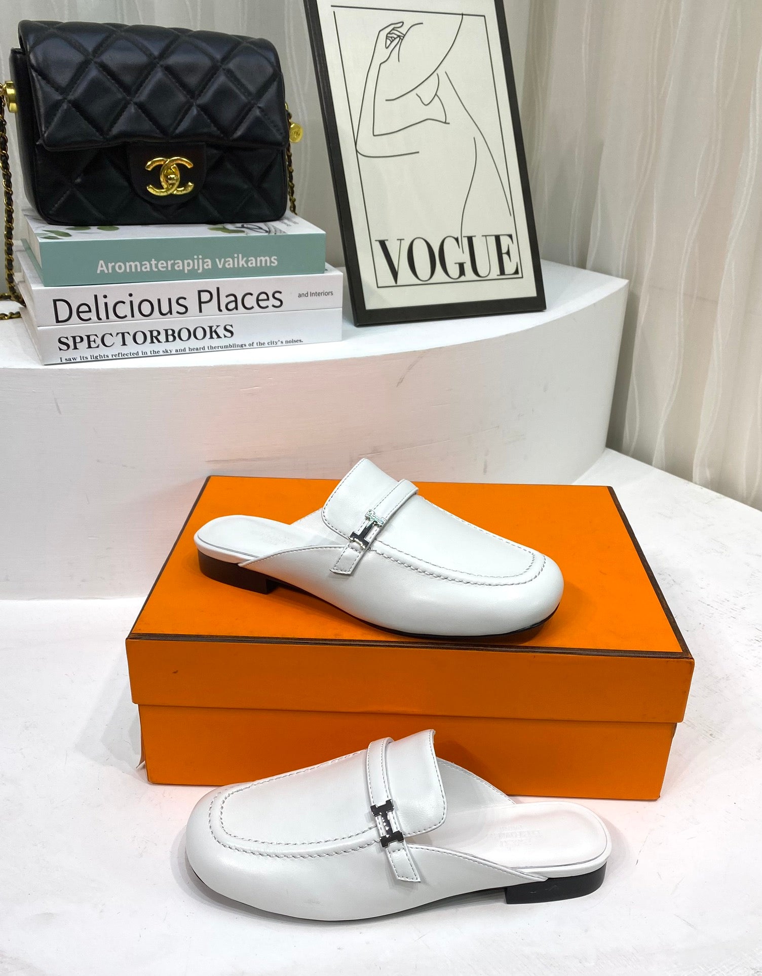 HERMES IENA MULE WHITE CALFSKIN