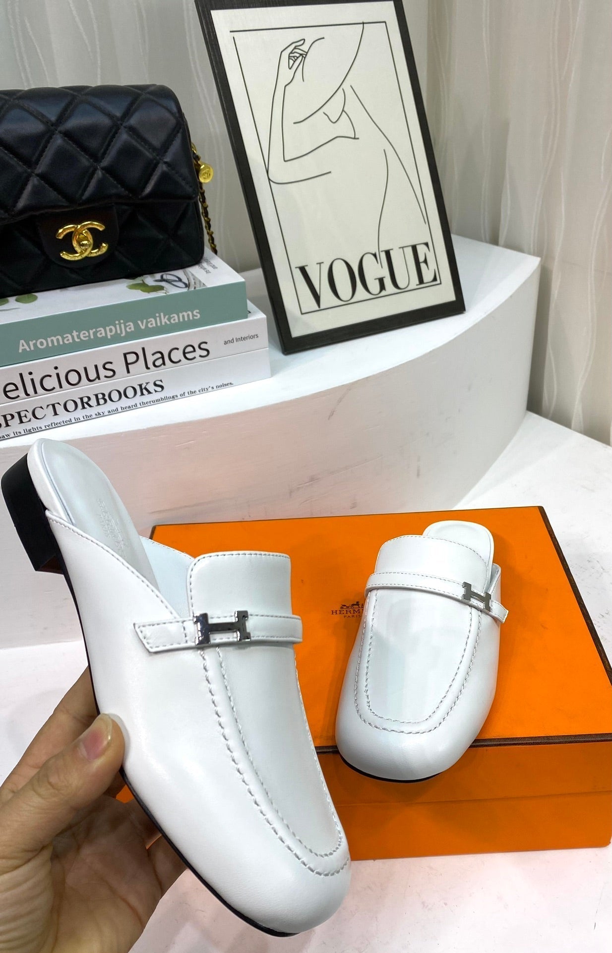 HERMES IENA MULE WHITE CALFSKIN