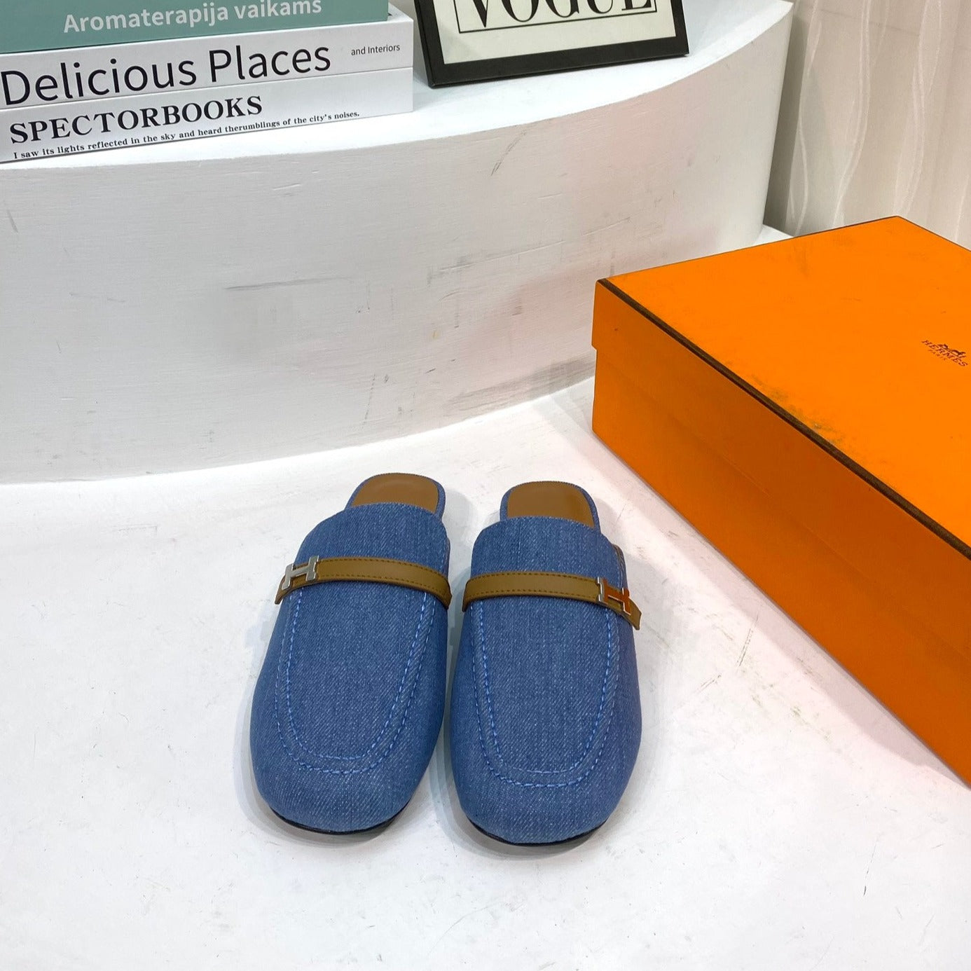 HERMES IENA MULE LAPIS CANVAS AND CARAMEL CALFSKIN