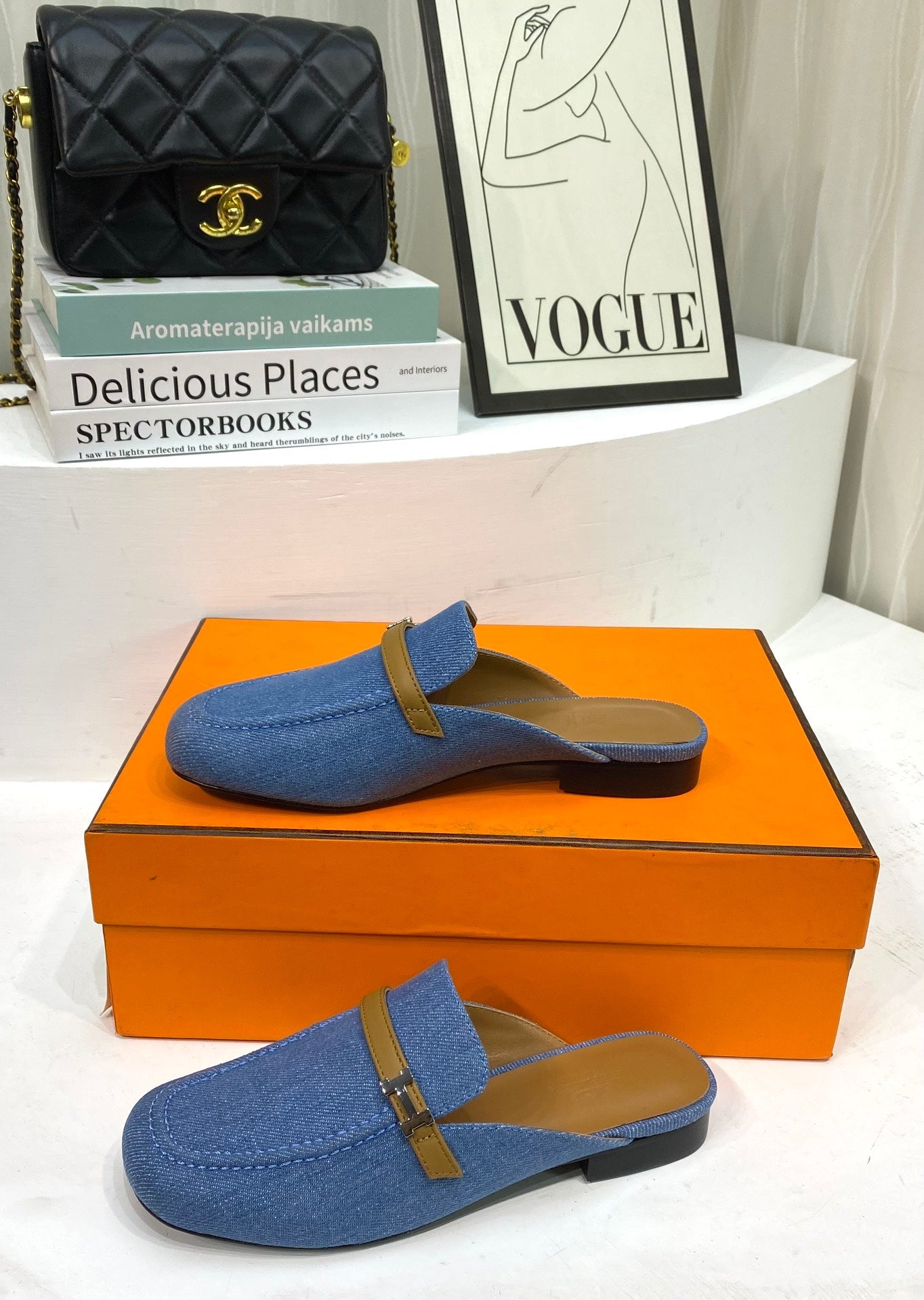 HERMES IENA MULE LAPIS CANVAS AND CARAMEL CALFSKIN