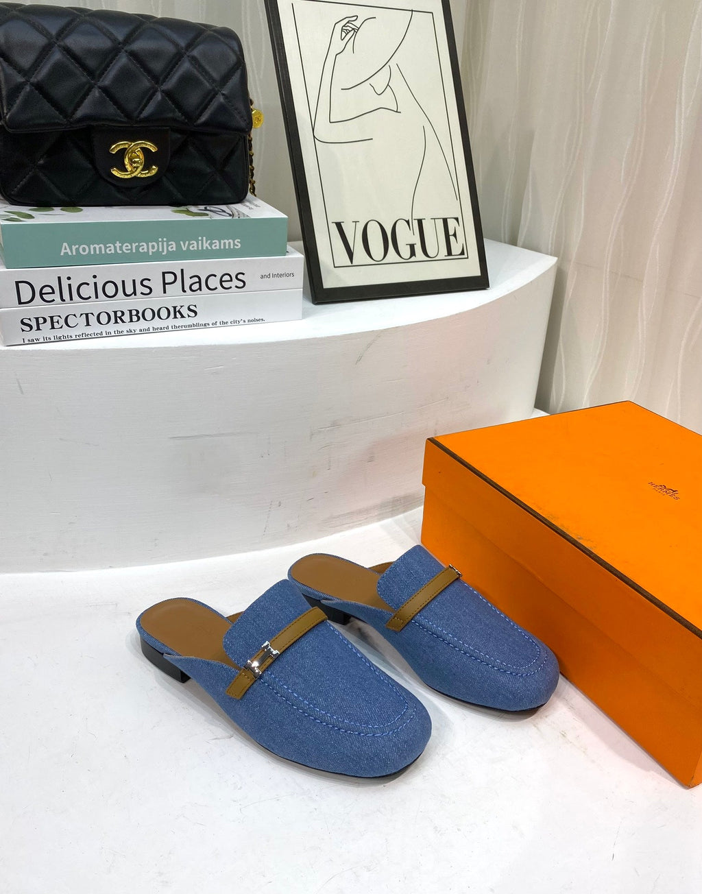 HERMES IENA MULE LAPIS CANVAS AND CARAMEL CALFSKIN