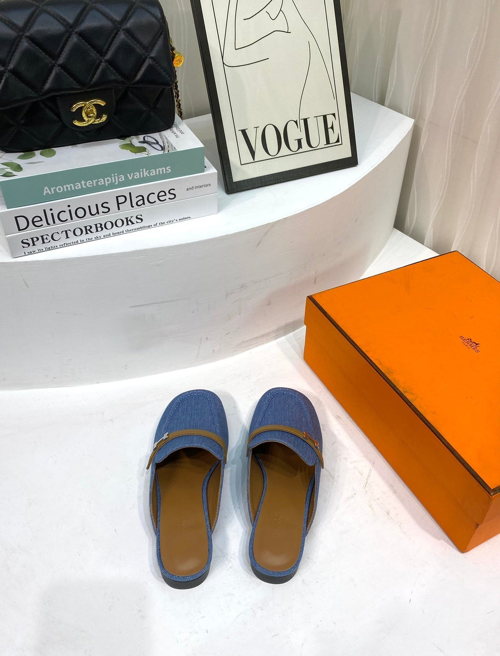 HERMES IENA MULE LAPIS CANVAS AND CARAMEL CALFSKIN
