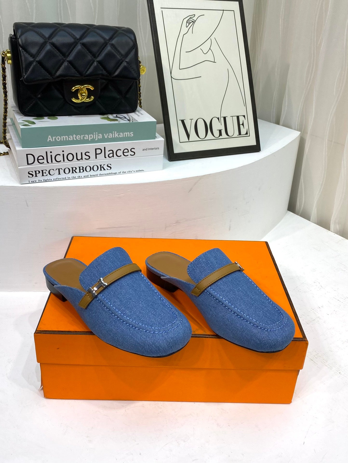 HERMES IENA MULE LAPIS CANVAS AND CARAMEL CALFSKIN