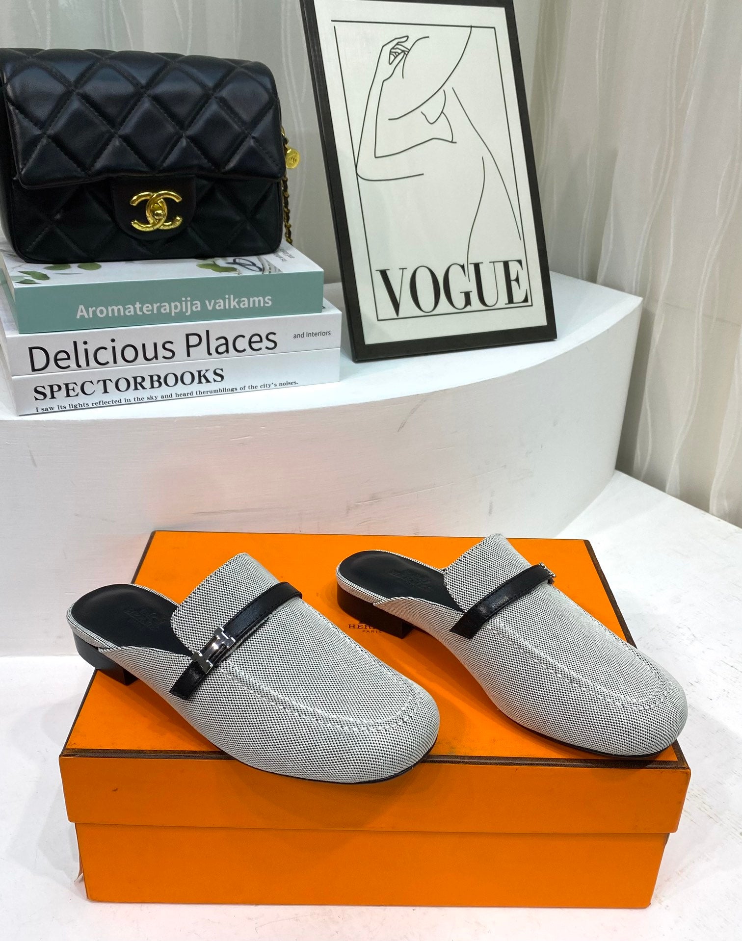 HERMES IENA MULE  GRAY CANVAS AND BLACK CALFSKIN