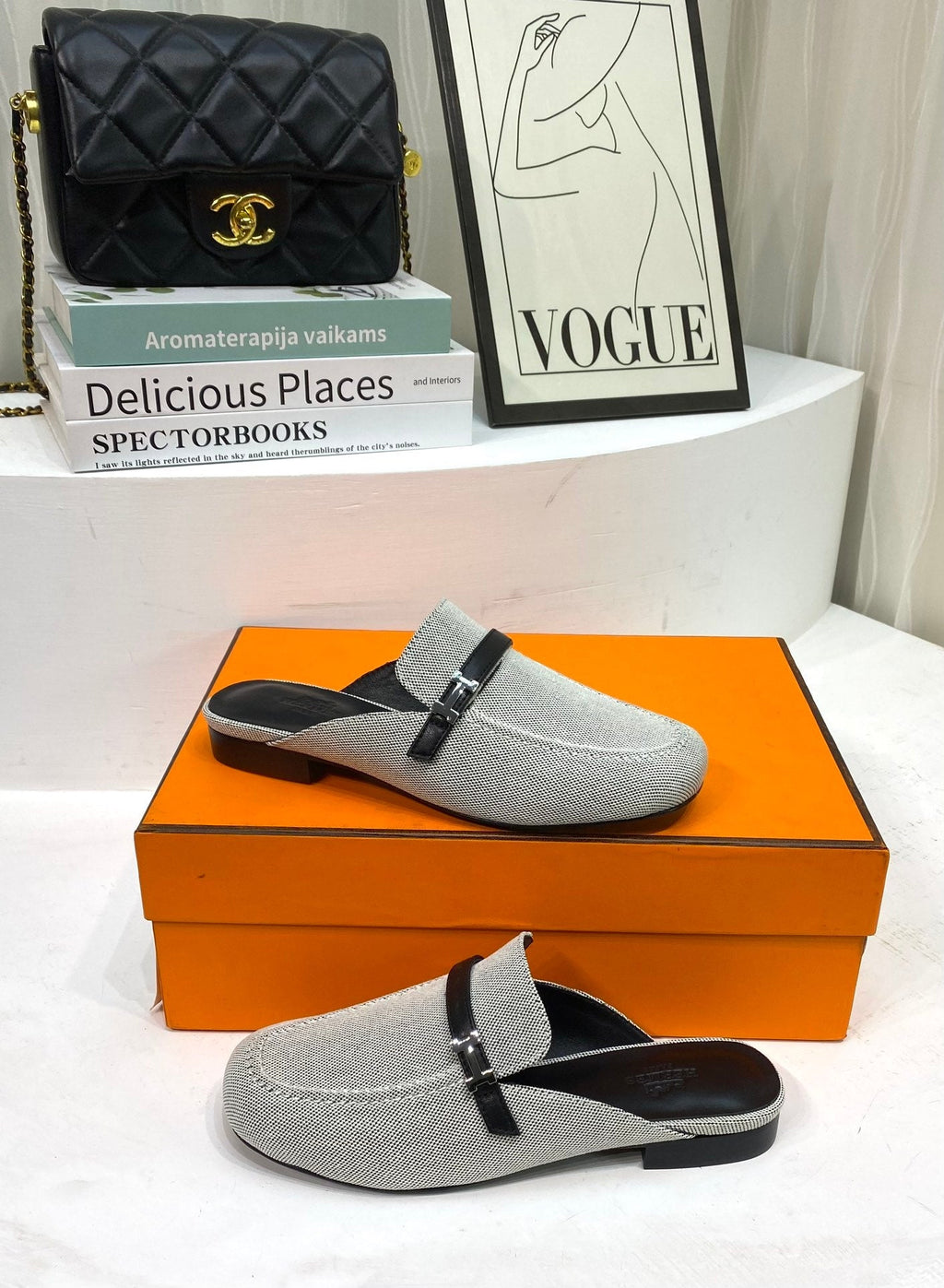 HERMES IENA MULE  GRAY CANVAS AND BLACK CALFSKIN