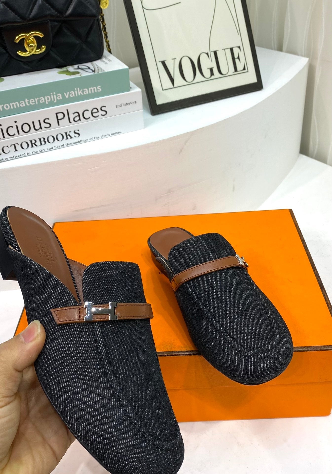 HERMES IENA MULE  BLACK CANVAS AND BROWN CALFSKIN