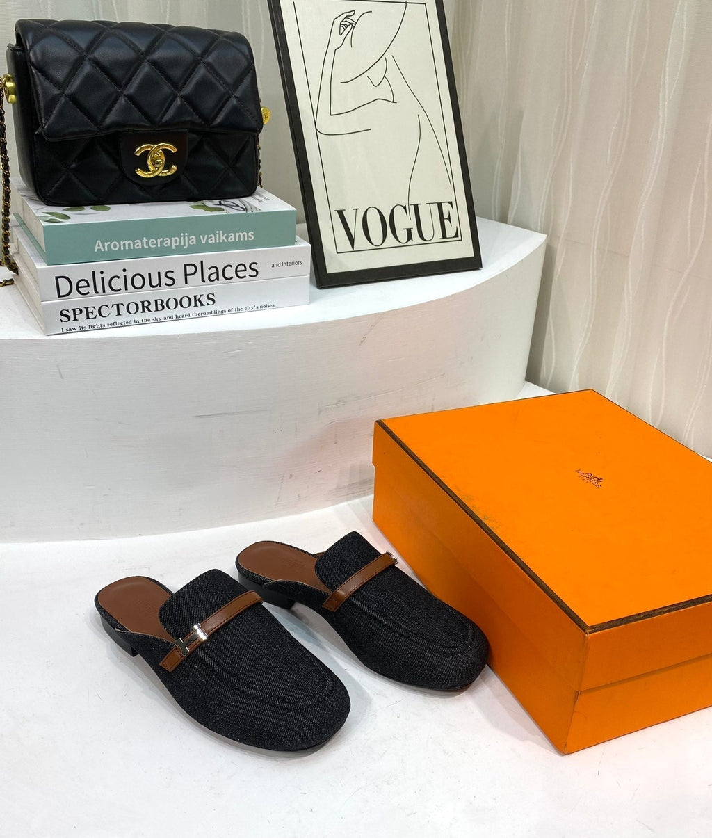 HERMES IENA MULE  BLACK CANVAS AND BROWN CALFSKIN
