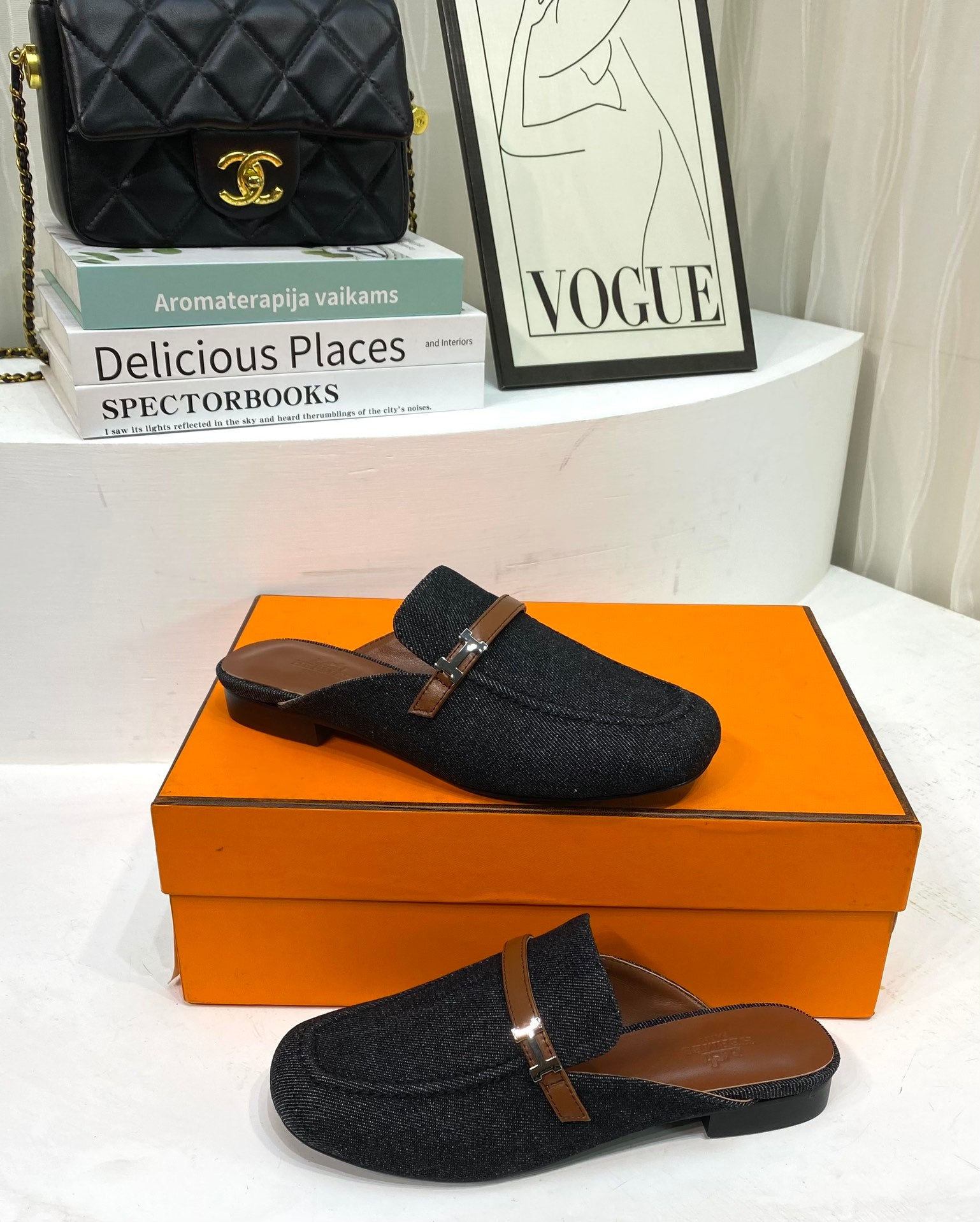 HERMES IENA MULE  BLACK CANVAS AND BROWN CALFSKIN
