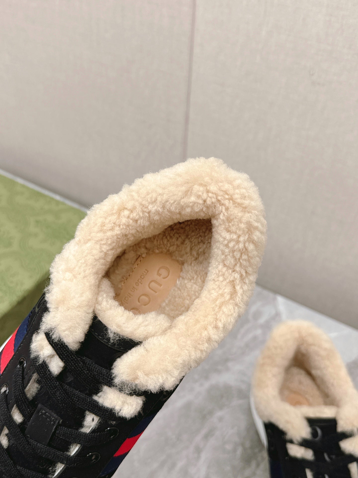 GUCCI ACE SNEAKER WITH WEB IN BLACK EMBOSSED SUEDE AND WOOL LINING