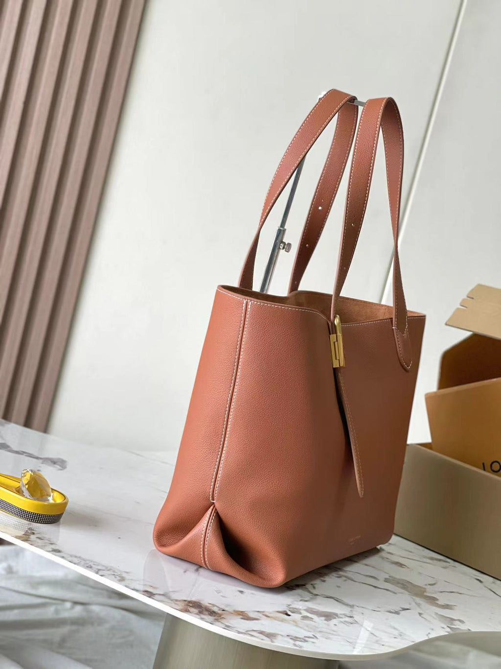 LOUIS VUITTON LOW KEY CABAS 47 IN SASSY SALMON GRAINED CALFSKIN GOLD BUCKLE