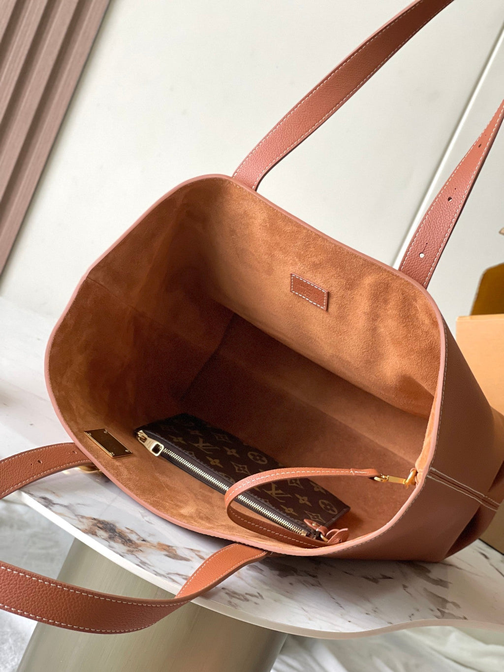 LOUIS VUITTON LOW KEY CABAS 47 IN SASSY SALMON GRAINED CALFSKIN GOLD BUCKLE