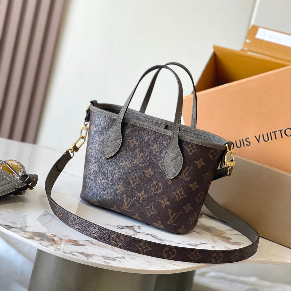 LOUIS VUITTON NEVERFULL BANDOULIÈRE INSIDE OUT BB 24 IN BROWN MONOGRAM CANVAS AND GRAY CALFSKIN