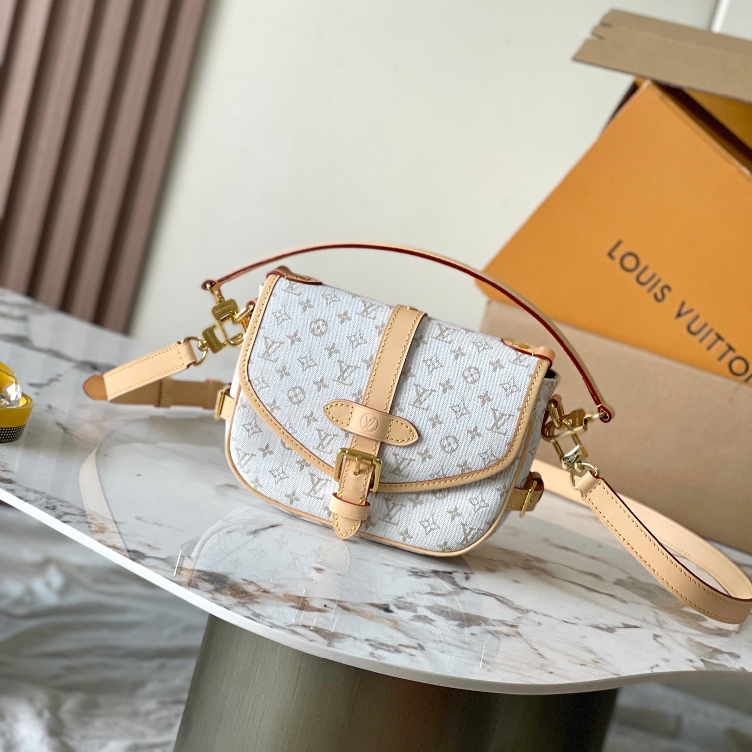 LOUIS VUITTON SAUMUR BB 20 WHITE MONOGRAM MINI JACQUARD AND LEATHER TRIM GOLD HARDWARE