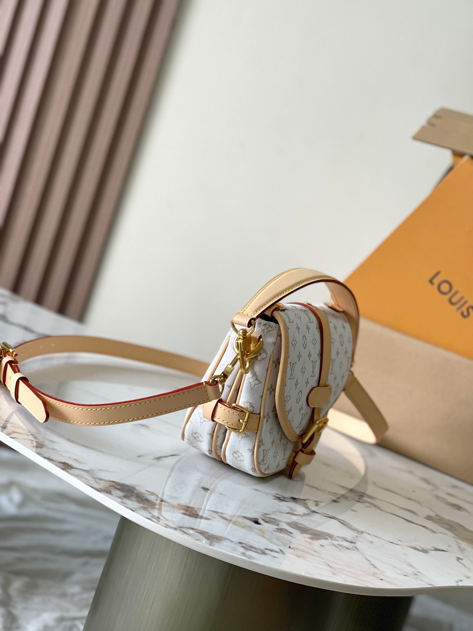 LOUIS VUITTON SAUMUR BB 20 WHITE MONOGRAM MINI JACQUARD AND LEATHER TRIM GOLD HARDWARE
