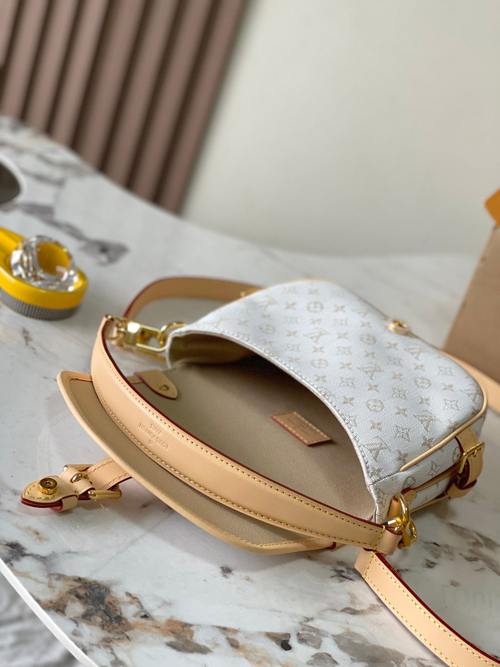 LOUIS VUITTON SAUMUR BB 20 WHITE MONOGRAM MINI JACQUARD AND LEATHER TRIM GOLD HARDWARE