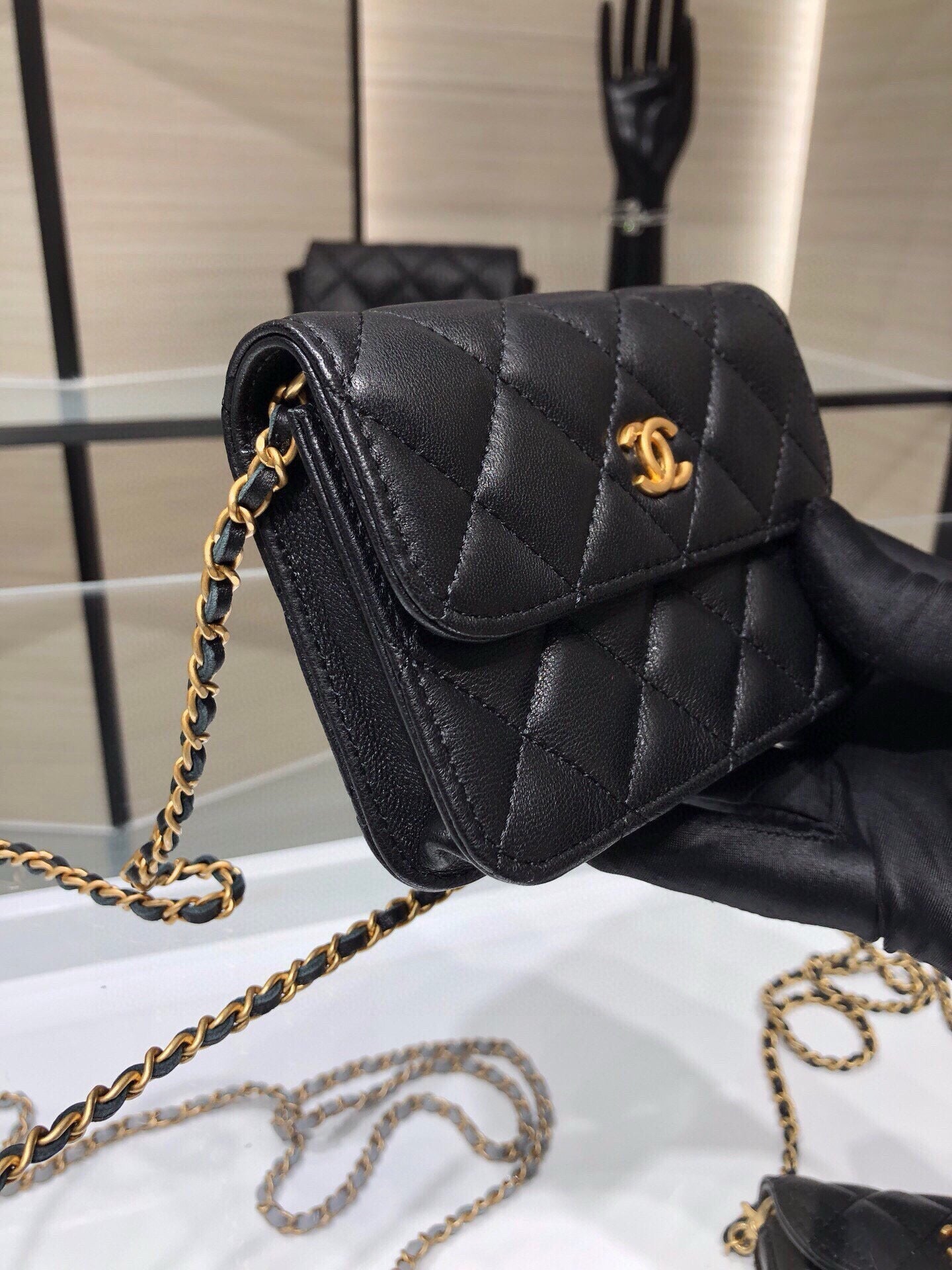 CHANEL MINI FLAP BAG 12 IN BLACK QUILTED LAMBSKIN GOLD HARDWARE