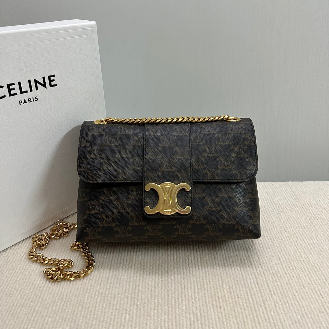 CELINE MEDIUM VICTOIRE BAG 25 IN BLACK TRIOMPHE CANVAS GOLD HARDWARE