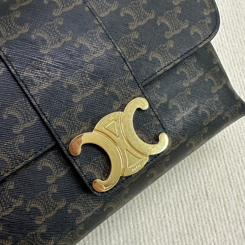 CELINE MEDIUM VICTOIRE BAG 25 IN BLACK TRIOMPHE CANVAS GOLD HARDWARE