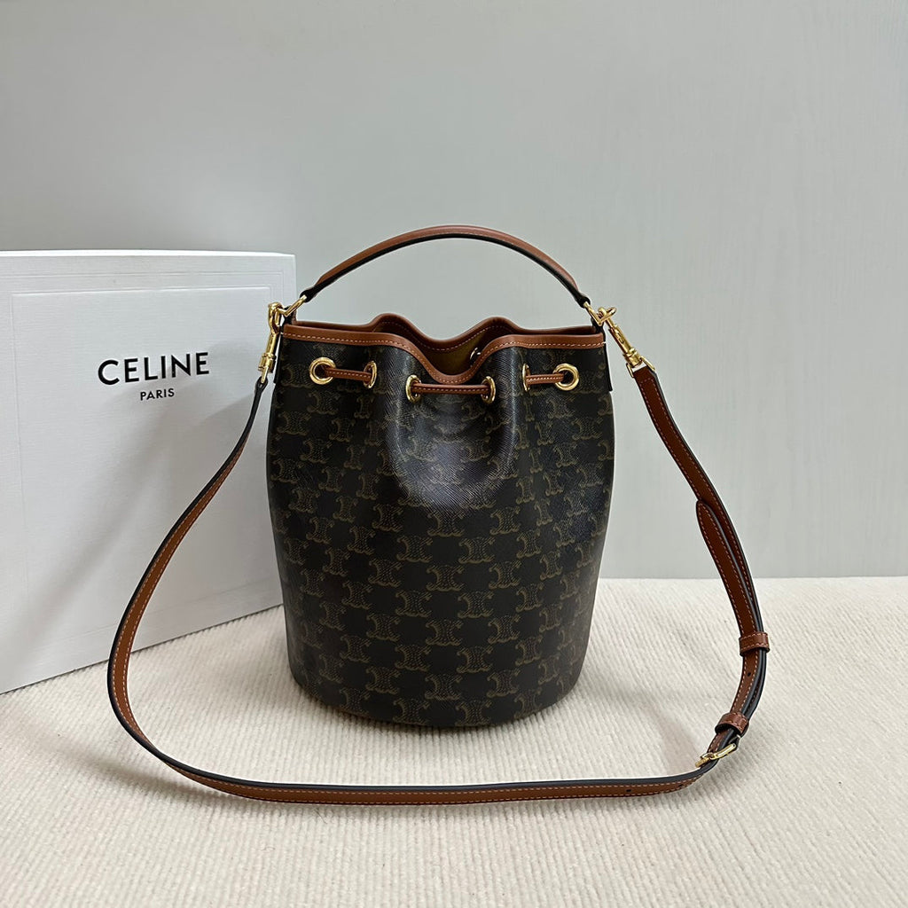 CELINE CLARA BAG 24 IN BLACK TRIOMPHE CANVAS AND BROWN CALFSKIN TRIM