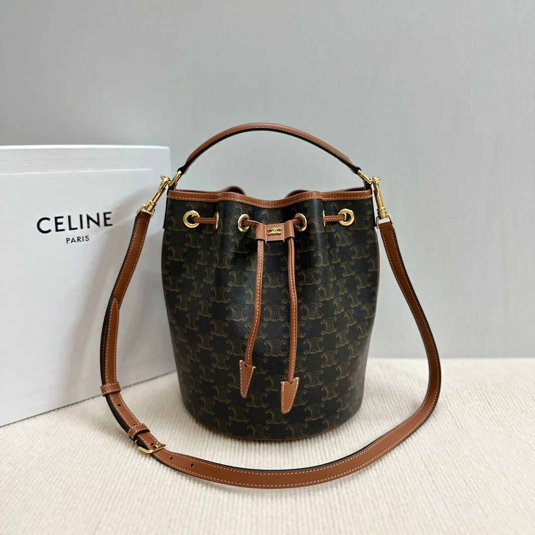 CELINE CLARA BAG 24 IN BLACK TRIOMPHE CANVAS AND BROWN CALFSKIN TRIM