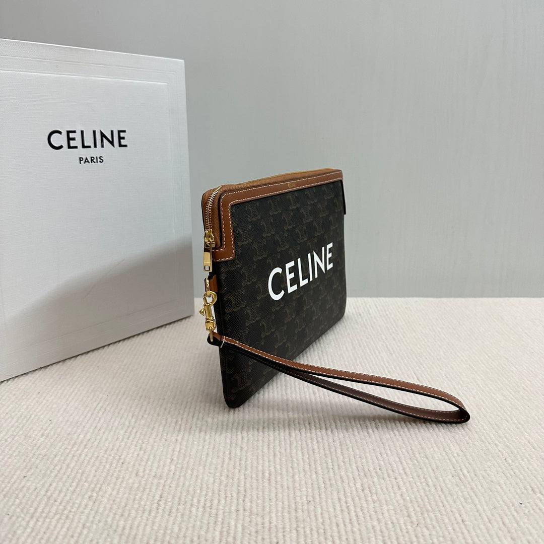 CELINE SMALL POUCH 25 IN BLACK TRIOMPHE CANVAS AND BROWN CALFSKIN WITH  PRINT