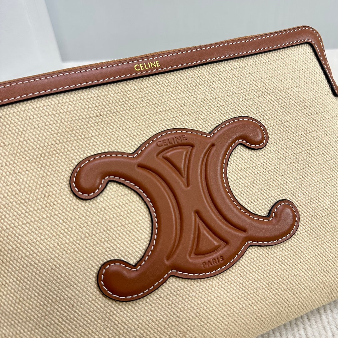 CELINE SMALL POUCH 25 IN BEIGE CANVAS AND BROWN CALFSKIN