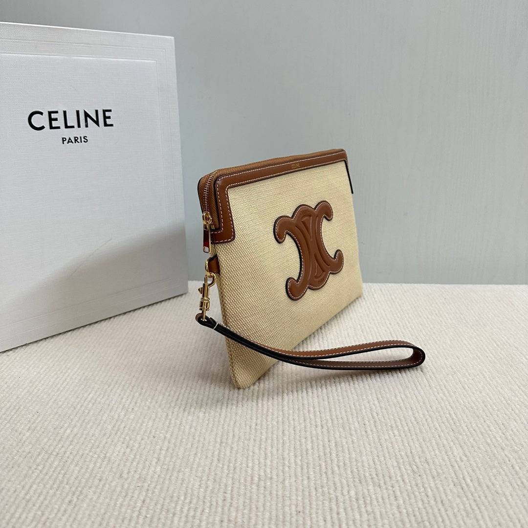 CELINE SMALL POUCH 25 IN BEIGE CANVAS AND BROWN CALFSKIN